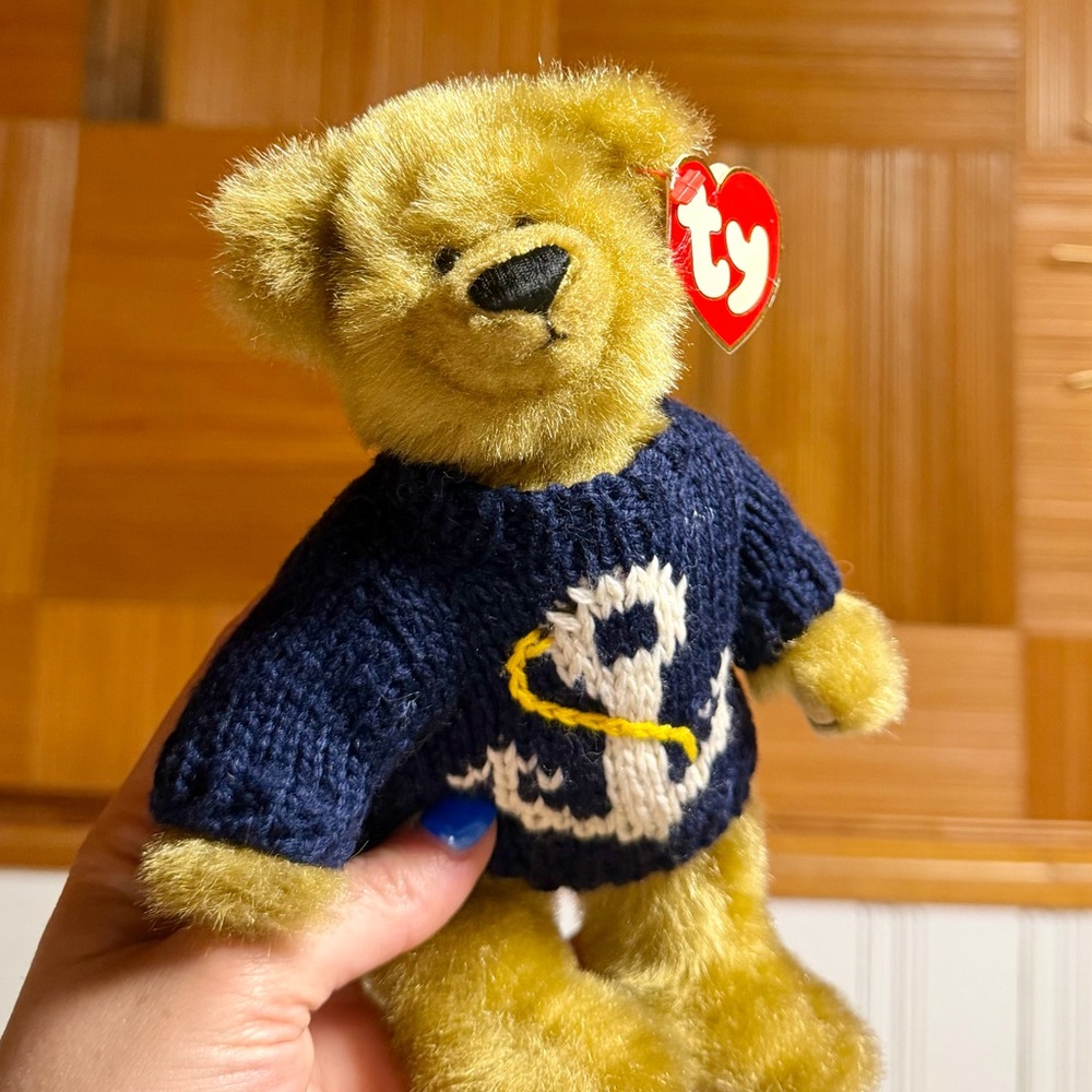Ty Plush Bear with Navy and Yellow Sweater